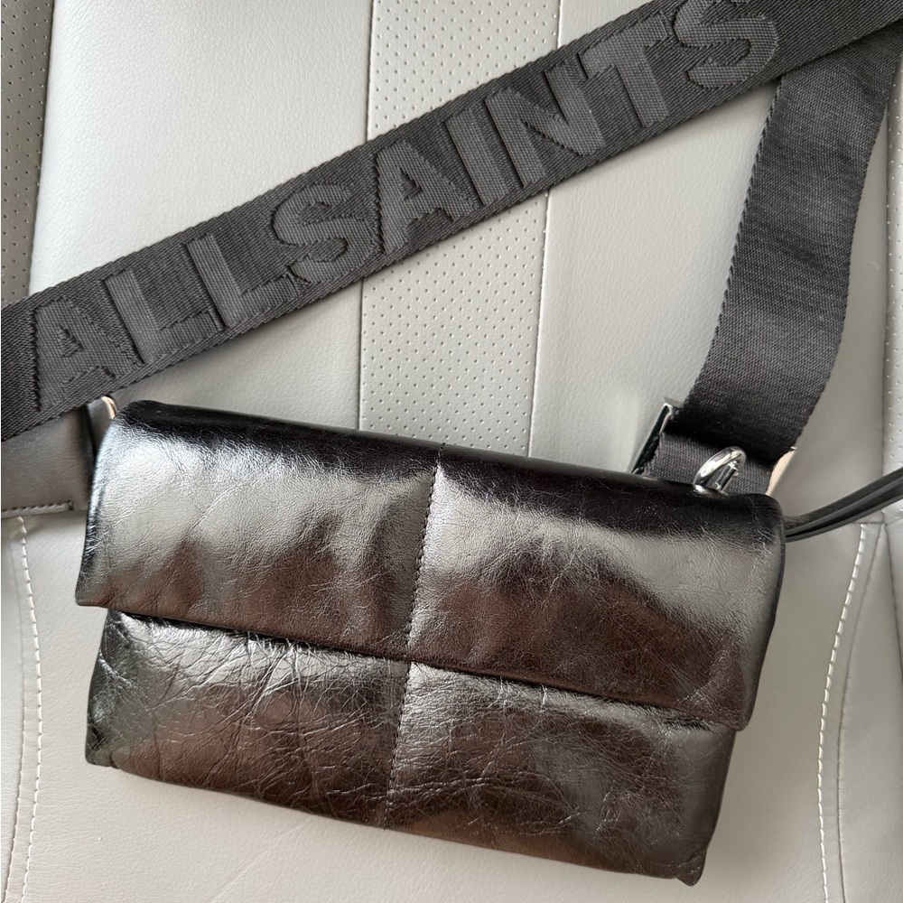 All Saints Black Leather Quilted Crossbody Bag with Branded Strap
